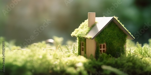 minimalistic design Eco house. Green and environmentally friendly housing concept. Miniature wooden house in spring grass, moss and ferns on a sunny day,