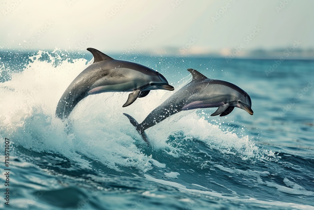  Playful dolphins leaping joyfully through ocean waves, capturing the essence of marine delight.