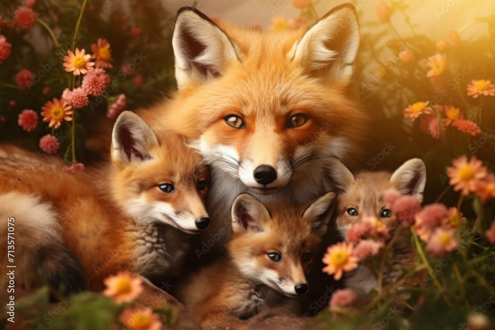adorable red mother fox with her young ones, cozy cuddles together on a soft flower background. animal family, motherhood in animals. adorable red mother fox with her young ones, cozy cuddles together on a soft flower background. animal family, motherhood in animals.