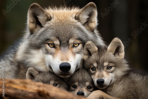 gray mother wolf with her cubs, litter cozy cuddles together in her burrow. wildlife, motherhood in animals. brood.