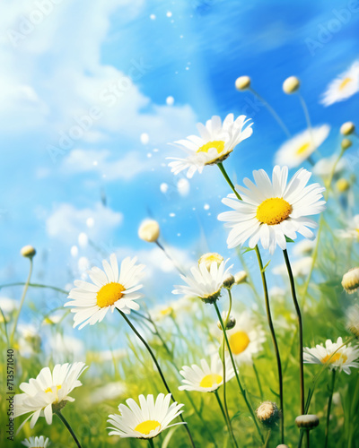 field of daisies against blue sky  flower  daisy  nature  summer  field  meadow  spring  grass  sky  flowers  chamomile  plant  blossom  camomile  landscape  sun  yellow  blue  white  season  beauty  