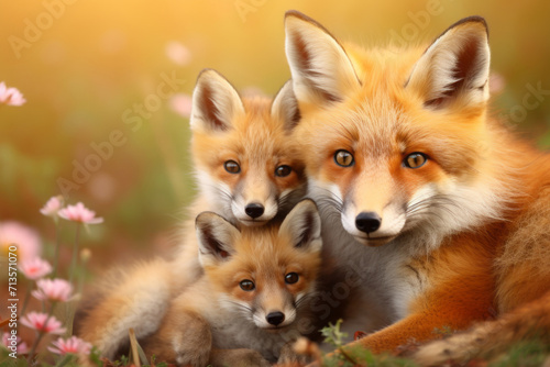 adorable red mother fox with her young ones, cozy cuddles together on a soft flower background. animal family, motherhood in animals. © MaskaRad