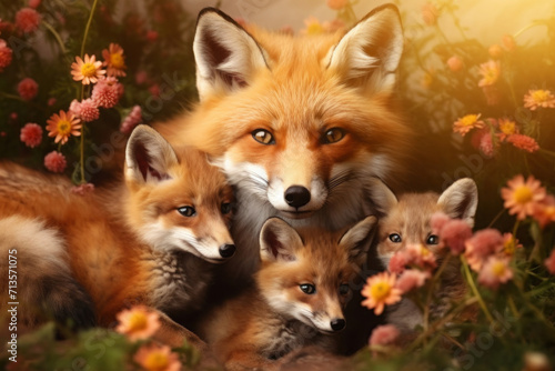 adorable red mother fox with her young ones, cozy cuddles together on a soft flower background. animal family, motherhood in animals.