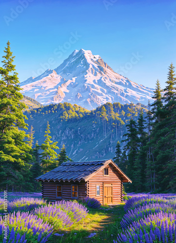 Illustration of a Wooden Cabin in Lavender Field with Snow-Capped Mountain Background at Sunrise
