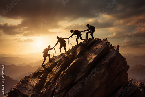 Silhouette of a team of climbers reaching the top of a mountain