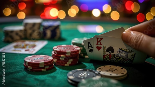 A pair of aces, a king and a stack of chips on a green casino table. Luck and risk.  AI generated.