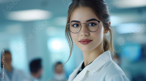 Young woman doctor in the hospital. Close-up photo. AI generated.
