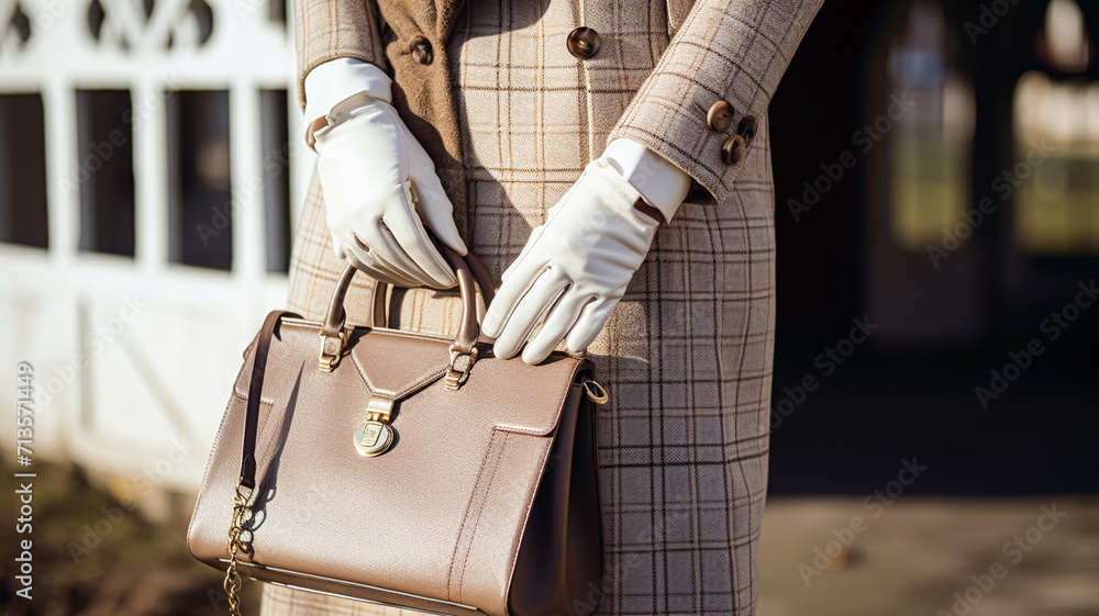 Fashion, accessory and style, autumn winter womenswear clothing collection, woman wearing elegant clothes, gloves and handbag, English countryside look