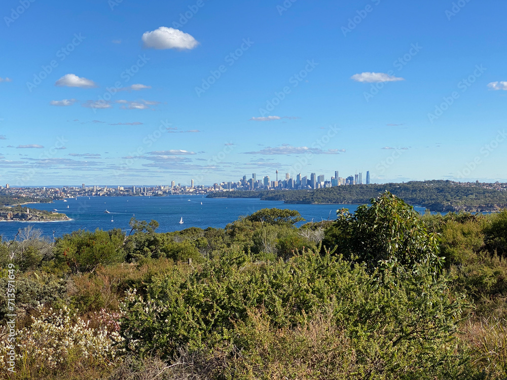 View of the island's coastline from the top of a mountain. Sydney city’s skyscrapers on the horizon. Mountain top with view of the city below.