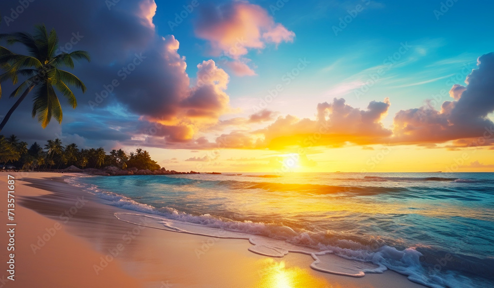 beach panorama view with foam waves before storm, seascape with Palm trees, sea or ocean water under sunset sky with dark blue clouds. Background summer