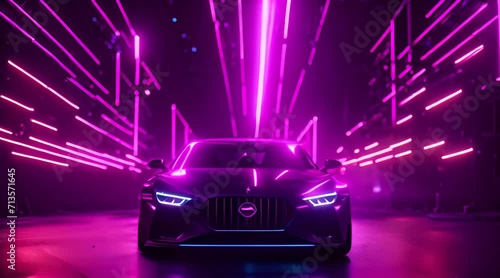 Luxury sports car on neon purple dark background photo