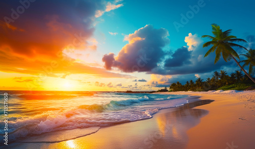 Tropical beach panorama view with foam waves before storm, seascape with Palm trees, ocean water under sunset sky with dark blue clouds. Background summer © sabbir
