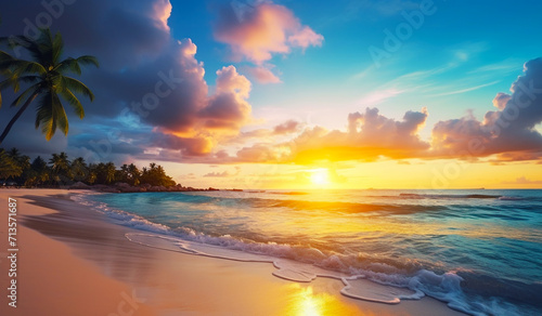 beach panorama view with foam waves before storm, seascape with Palm trees, sea or ocean water under sunset sky with dark blue clouds. Background summer