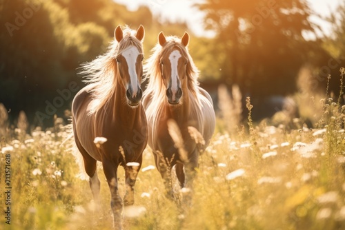 horses graze in the field in summer. livestock  agriculture. beautiful well-groomed animals on a walk.