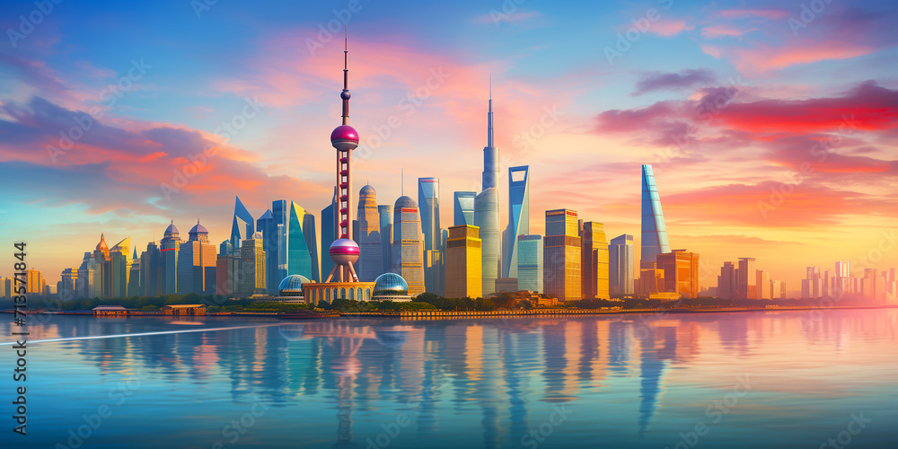 the shanghai skyline at dusk stockphoto, in the style of mountainous vistas, light teal and magenta, urban signage, kintsugi, sunrays shine upon it, terraced cityscapes