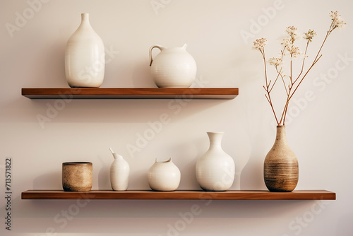 White ceramic vases and vases on wooden shelf. 3d rendering