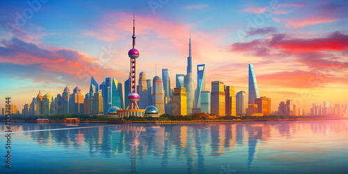 the shanghai skyline at dusk stockphoto  in the style of mountainous vistas  light teal and magenta  urban signage  kintsugi  sunrays shine upon it  terraced cityscapes