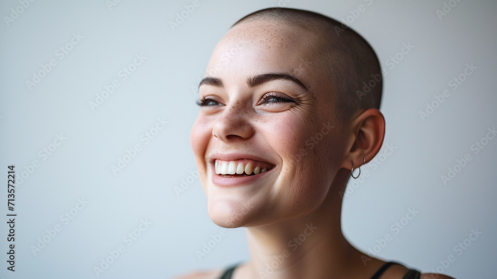 Beautiful bald girl smiling on a light blue background Beautiful bald girl smiling on a light blue background