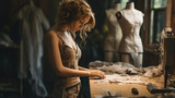 Young female fashion designer working on new collection of clothes in her studio