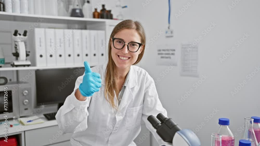 Attractive young caucasian scientist woman in lab uniform, sitting indoors, happily gesturing 'ok' sign with hand, showing radiant joy, success, and cheerful approval of excellent science work done. Attractive young caucasian scientist woman in lab uniform, sitting indoors, happily gesturing 'ok' sign with hand, showing radiant joy, success, and cheerful approval of excellent science work done.