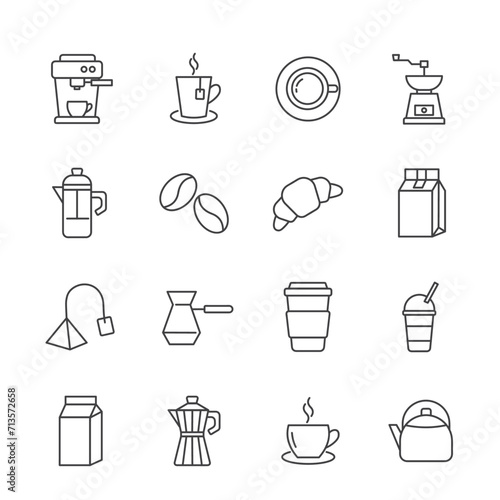 set of coffee and tea line icons with editable stroke. coffee beans, coffee machine, cup, tea bag