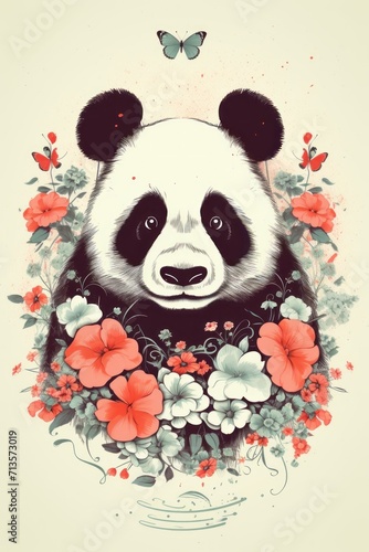 Cute panda with flowers and butterfly on beige background poster