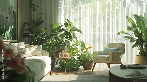 Uma moderna sala de estar é preenchida com exuberante vegetação com plantas domésticas exclusivas arranjadas em elegantes vasos e pendentes
