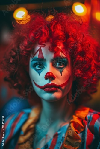 Portrait of a vibrant woman clown with red wig in circ