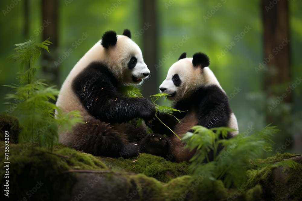 Fototapeta premium Harmony in the Bamboo Grove: Playful Pandas in Their Natural Habitat