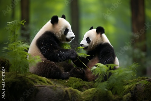 Harmony in the Bamboo Grove: Playful Pandas in Their Natural Habitat © Milos