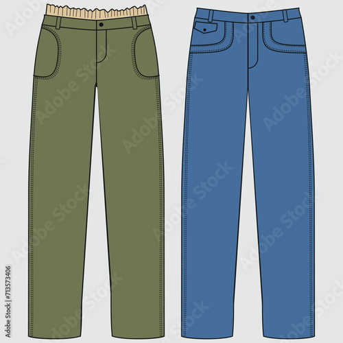 Men's Front and Back Chinese Casual Pants Plant Flat Liner Fashion Drawing, Slim Fit Pants Vector Illustration