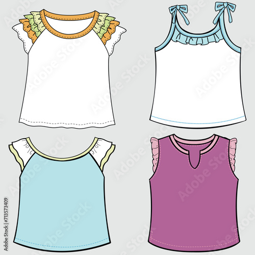 Vector CAD fashion short sleeve, women's round neck blouse with bow detail technical drawing, flat, sketch, mock up, template. Jersey fabric or woven t-shirt with front, back view, white color