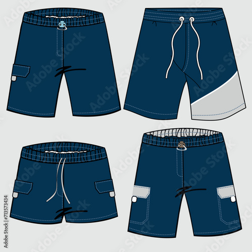 Sport Shorts technical fashion illustration. Sweat Short Pants designs flat technical drawing template, side slip, pockets, front, side and back view, white, blue, women, men, unisex CAD makeup set.