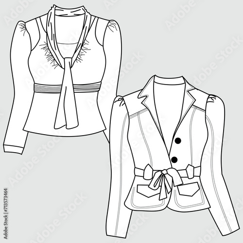 Air Conditioning Blazer Jacket for Women. Technical illustration of the jacket. Flat lay clothing jacket template front and back, white color. Women CAD mockup.