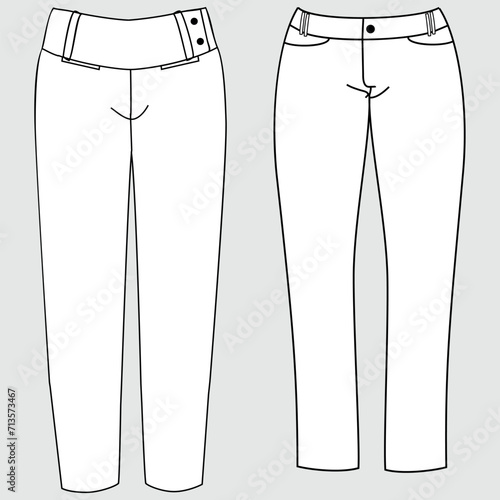 Technical fashion illustration pants and shorts set with regular low waist, high rise, mini midi maximum length, pockets. Flat garment template for pants front, back, gray color. Women, men make fun