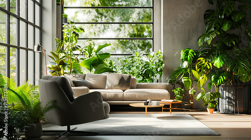 Uma sala de estar moderna é preenchida com exuberantes plantas domésticas verdes criando um oásis urbano que traz uma sensação de natureza para dentro