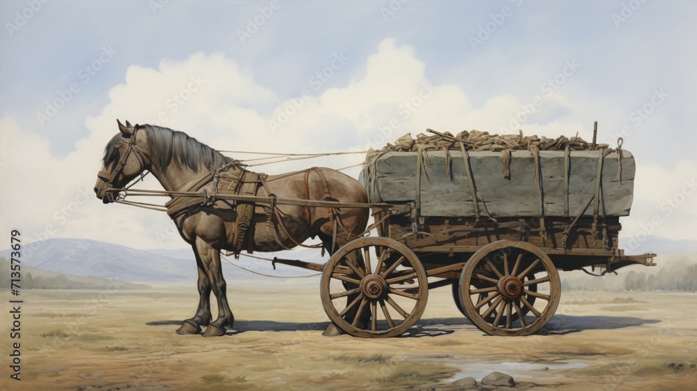 Fototapeta premium Painting of carriage horse covered wagon train illustration