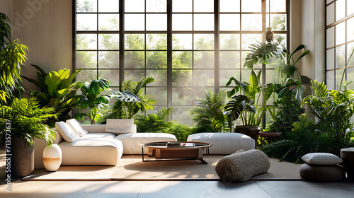 Uma sala de estar moderna com uma parede de janelas permite que a luz natural inunde o espaço iluminando uma série de exuberantes plantas de interior verdes