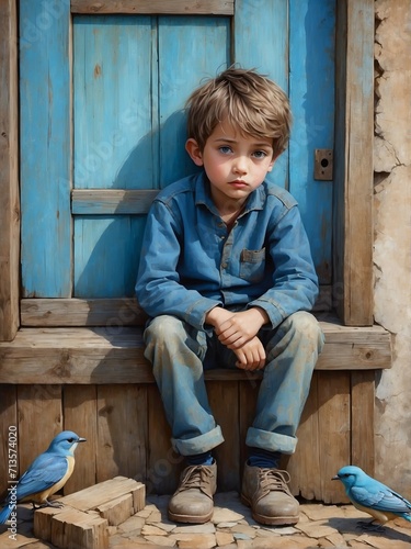 portrait of a young boy, sad and lonely. In front of an old rustic house with wooden doors and little bird © ArtistiKa