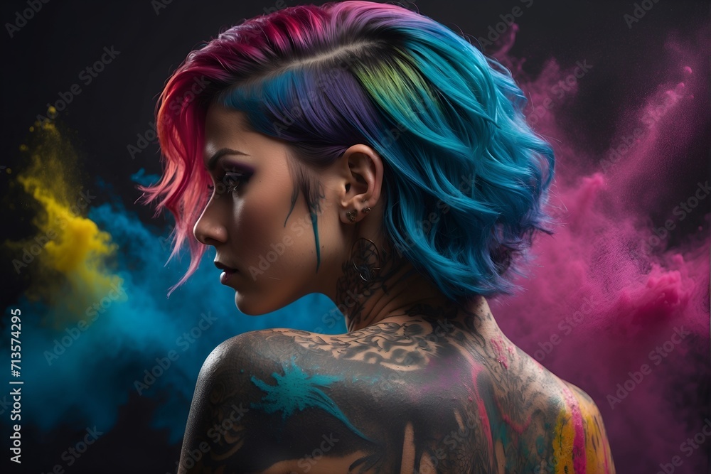 portrait of a woman with flying rainbow hair