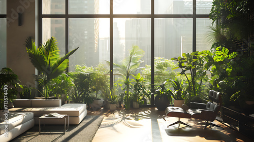 Um apartamento loft moderno apresenta janelas do chao ao teto permitindo que a luz natural entre e ilumine a variedade de plantas verdes exuberantes espalhadas pelo espaco