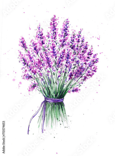 watercolor lavender flowers bouquet on white background with color splashes