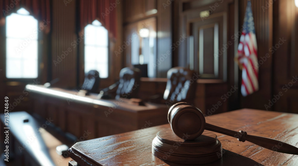 The gavel rests on the foreground in a traditional courtroom, symbolizing law and order with the American flag in the background The gavel rests on the foreground in a traditional courtroom, symbolizing law and order with the American flag in the background