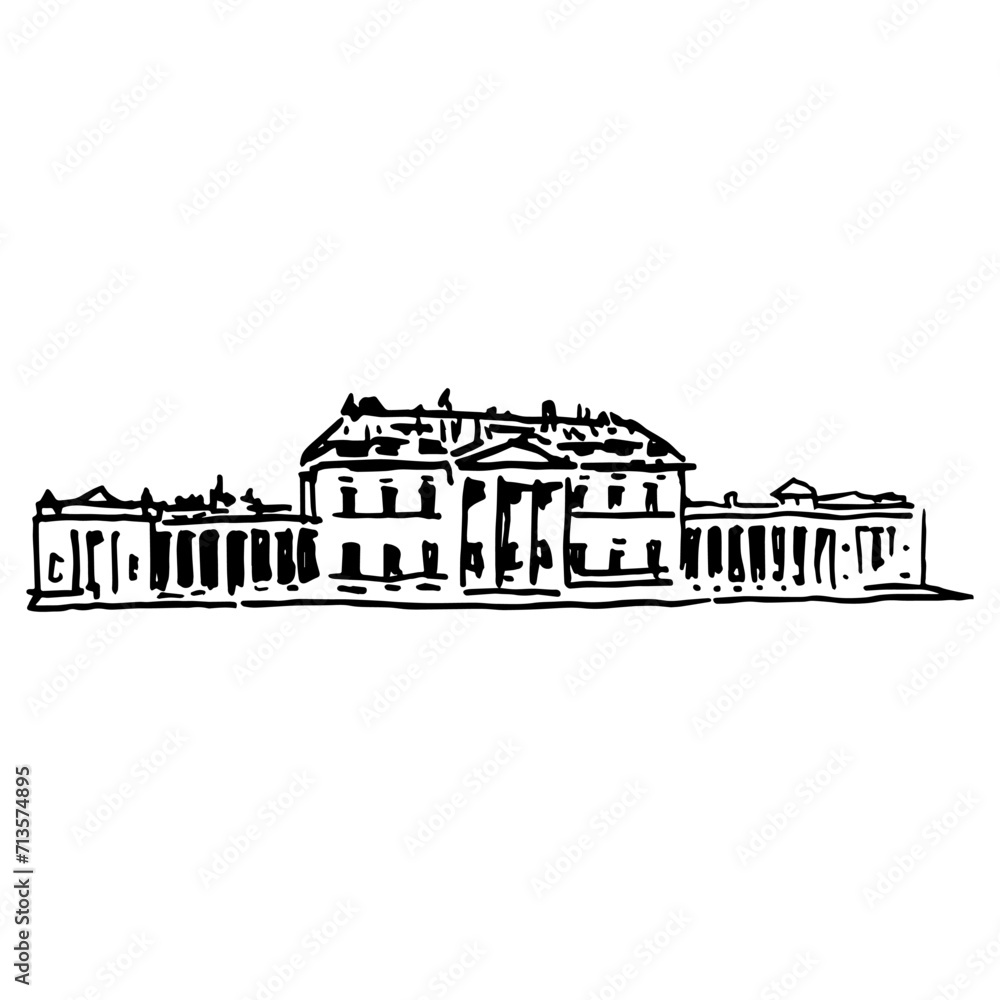 Castle Coole estate in Northern Ireland. Facade of 18th-century neo-classical mansion. Hand drawn linear doodle rough sketch. Black and white silhouette.