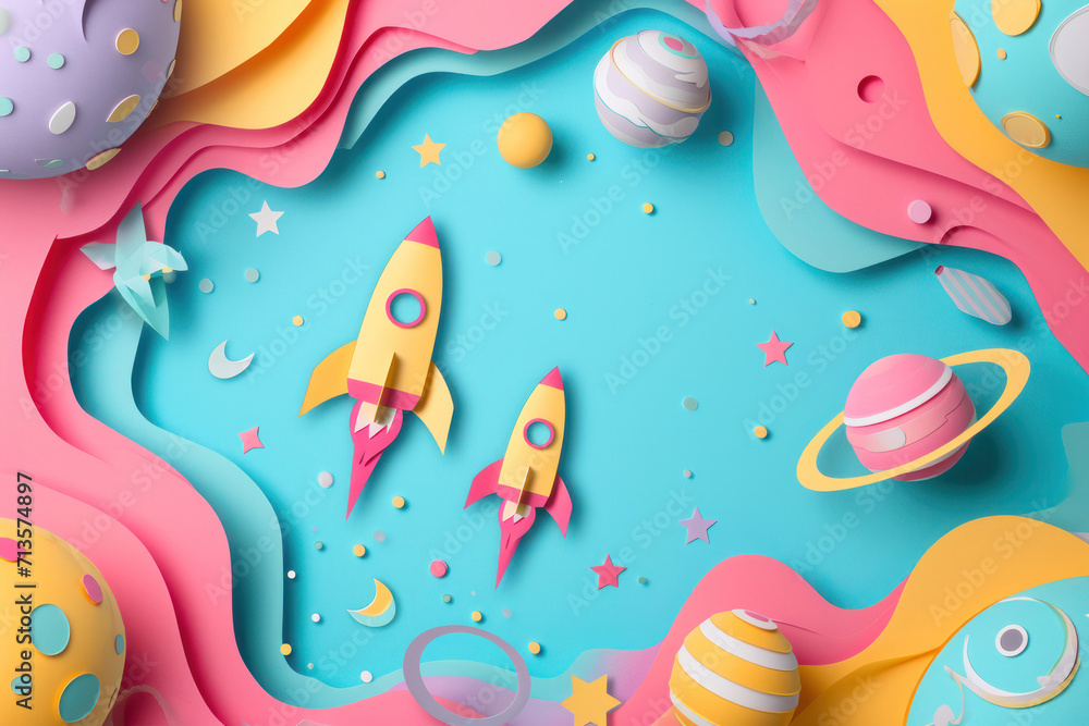 A creative paper cutout art scene depicting a colorful space adventure with rockets and planets on a vibrant blue background