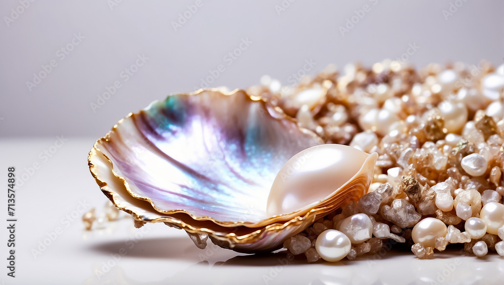 Beautiful shell with pearls on a light background expensive