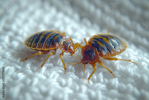 Up Close with Bedbugs. Two bedbugs captured in stunning detail against a textured white fabric backdrop © Mirador