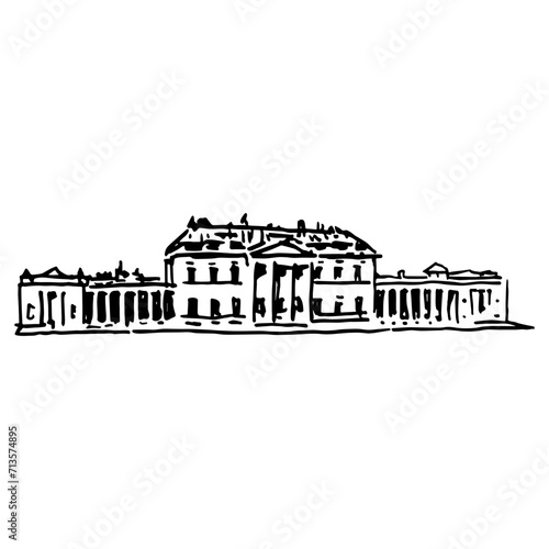Castle Coole estate in Northern Ireland. Facade of 18th-century neo-classical mansion. Hand drawn linear doodle rough sketch. Black and white silhouette.