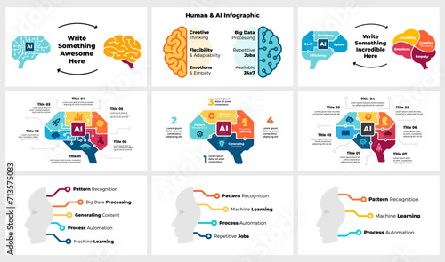 Human and AI Brain Hemispheres Infographic Template. Artificial Intelligence Illustration. Neural Network Logo. Chip microscheme engine. Robot, cyborg icon. Droid humanoid head. Deep learning machine