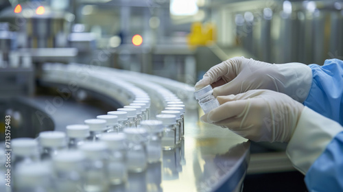 Hand with sanitary gloves check medical vials on production line at pharmaceutical factory © DB Media